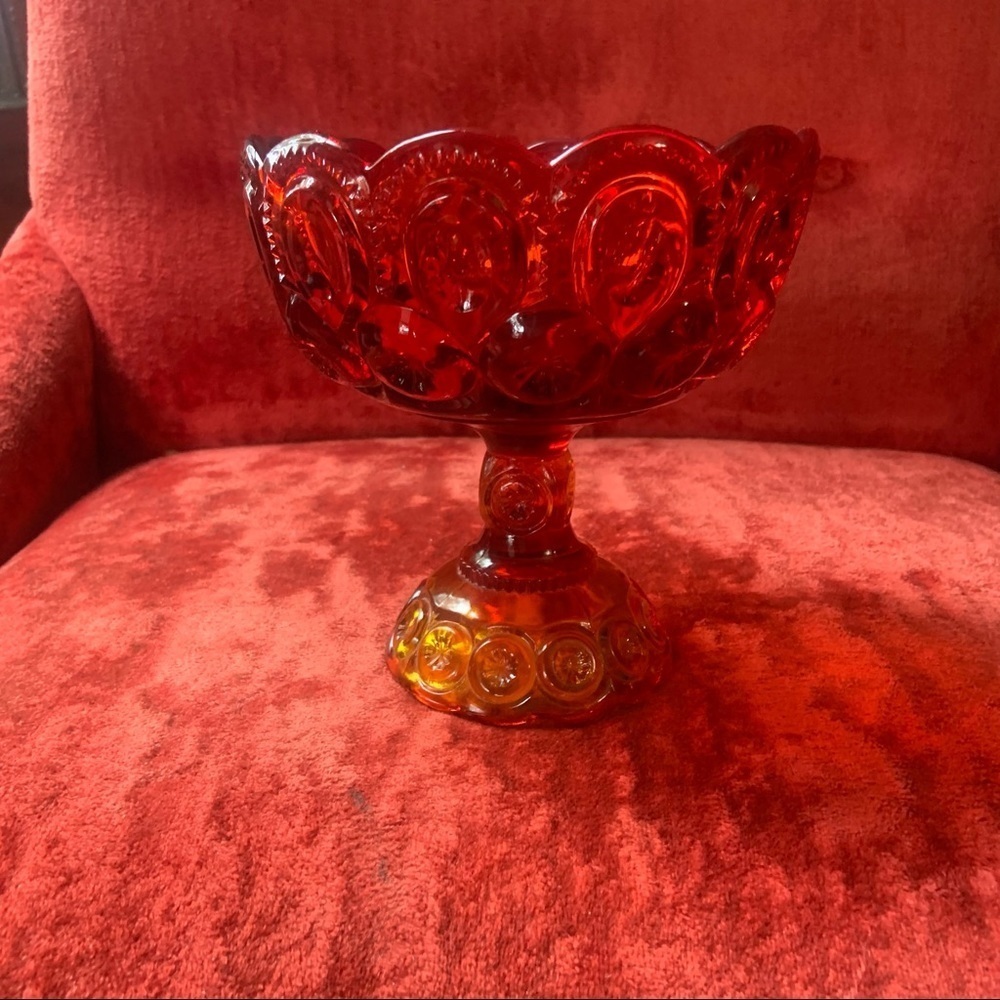 Vintage Mid Century Modern Moon & Stars Red Amberina Glass Round Pedestal Bowl - Picture 11 of 11